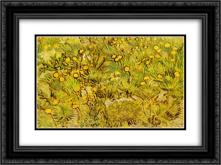 A Field of Yellow Flowers 24x18 Black Ornate Wood Framed Art Print Poster with Double Matting by Van Gogh, Vincent