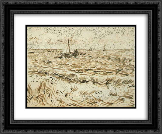 A Fishing Boat at Sea 24x20 Black Ornate Wood Framed Art Print Poster with Double Matting by Van Gogh, Vincent