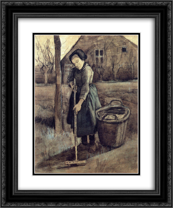 A Girl Raking 20x24 Black Ornate Wood Framed Art Print Poster with Double Matting by Van Gogh, Vincent