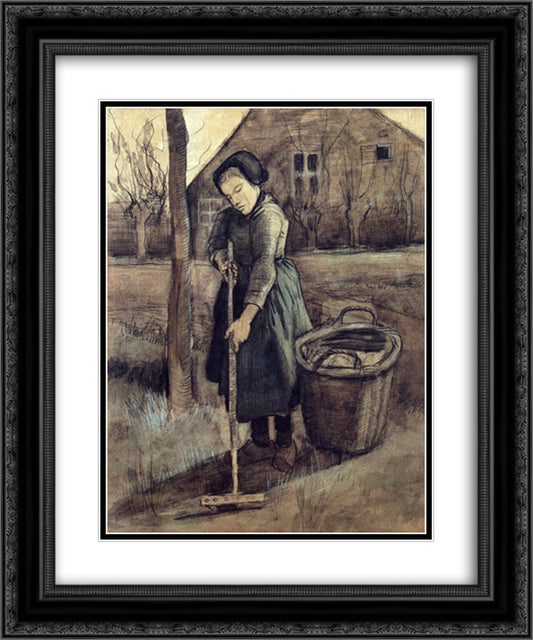 A Girl Raking 20x24 Black Ornate Wood Framed Art Print Poster with Double Matting by Van Gogh, Vincent