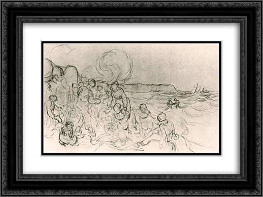 A Group of Figures on the Beach 24x18 Black Ornate Wood Framed Art Print Poster with Double Matting by Van Gogh, Vincent