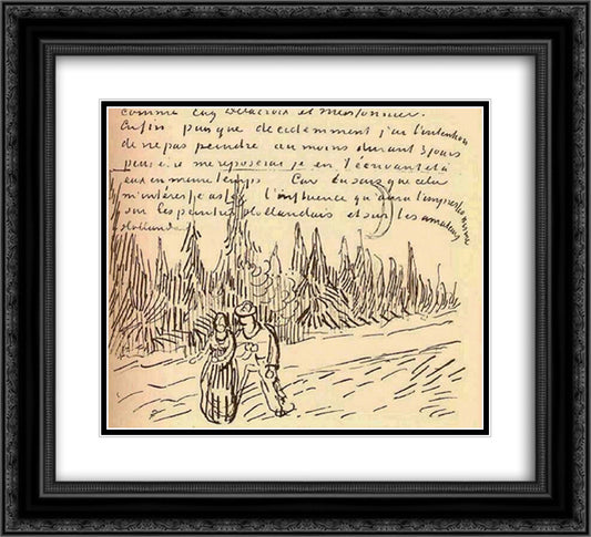 A Lane of Cypresses with a Couple Walking 22x20 Black Ornate Wood Framed Art Print Poster with Double Matting by Van Gogh, Vincent