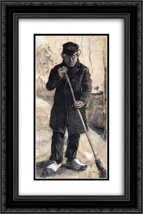 A Man with a Broom 16x24 Black Ornate Wood Framed Art Print Poster with Double Matting by Van Gogh, Vincent