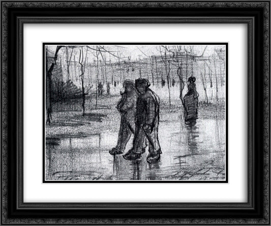 A Public Garden with People Walking in the Rain 24x20 Black Ornate Wood Framed Art Print Poster with Double Matting by Van Gogh, Vincent