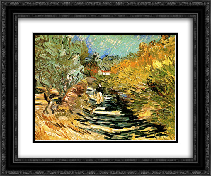 A Road in St. Remy with Female Figures 24x20 Black Ornate Wood Framed Art Print Poster with Double Matting by Van Gogh, Vincent