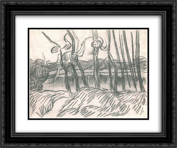 A Row of Bare Trees 24x20 Black Ornate Wood Framed Art Print Poster with Double Matting by Van Gogh, Vincent