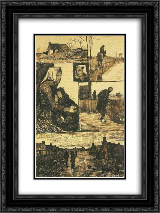 A Sheet with Sketches 18x24 Black Ornate Wood Framed Art Print Poster with Double Matting by Van Gogh, Vincent