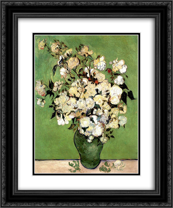 A Vase of Roses 20x24 Black Ornate Wood Framed Art Print Poster with Double Matting by Van Gogh, Vincent