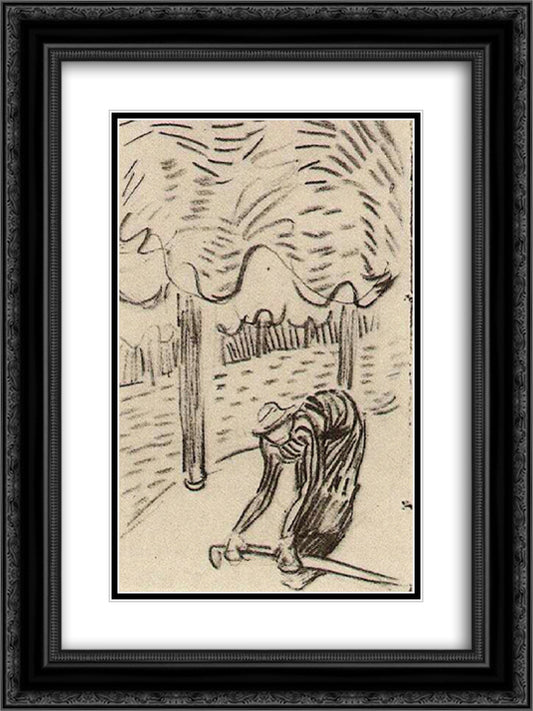 A Woman Picking Up a Stick in Front of Trees 18x24 Black Ornate Wood Framed Art Print Poster with Double Matting by Van Gogh, Vincent