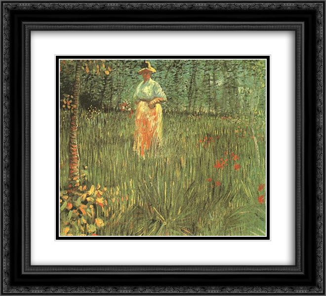 A woman walking in garden 22x20 Black Ornate Wood Framed Art Print Poster with Double Matting by Van Gogh, Vincent