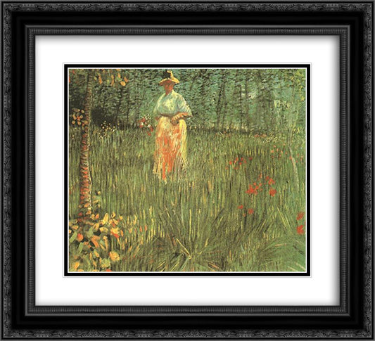 A woman walking in garden 22x20 Black Ornate Wood Framed Art Print Poster with Double Matting by Van Gogh, Vincent