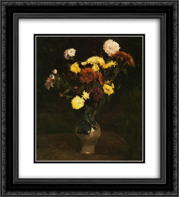 Basket of Carnations and Zinnias 20x22 Black Ornate Wood Framed Art Print Poster with Double Matting by Van Gogh, Vincent