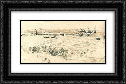 Beach, Sea, and Fishing Boats 24x16 Black Ornate Wood Framed Art Print Poster with Double Matting by Van Gogh, Vincent