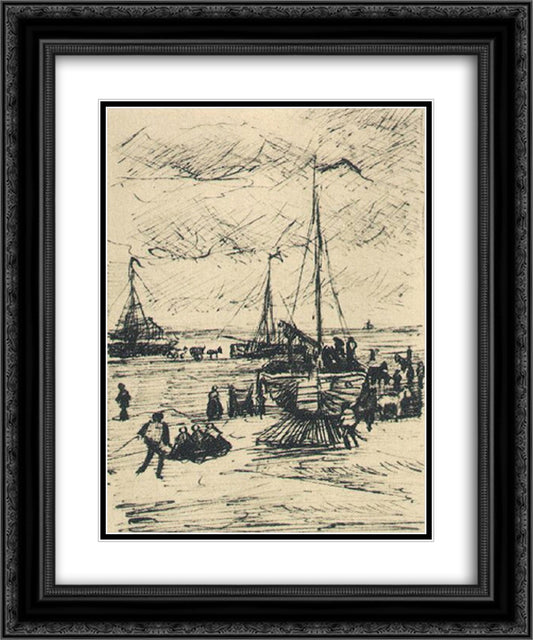 Beach and Boats 20x24 Black Ornate Wood Framed Art Print Poster with Double Matting by Van Gogh, Vincent
