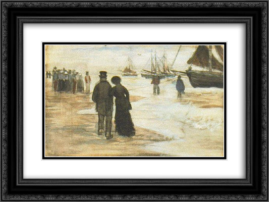 Beach with People Walking and Boats 24x18 Black Ornate Wood Framed Art Print Poster with Double Matting by Van Gogh, Vincent