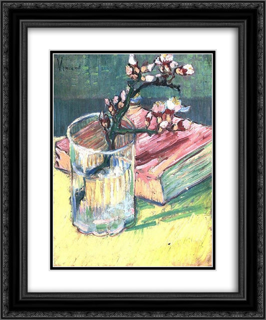 Blossoming Almond Branch in a Glass with a Book 20x24 Black Ornate Wood Framed Art Print Poster with Double Matting by Van Gogh, Vincent