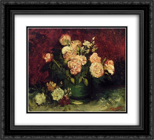 Bowl with Peonies and Roses 22x20 Black Ornate Wood Framed Art Print Poster with Double Matting by Van Gogh, Vincent
