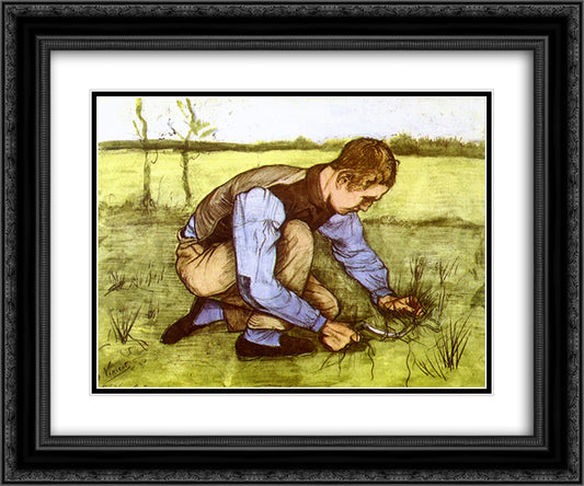 Boy Cutting Grass with a Sickle 24x20 Black Ornate Wood Framed Art Print Poster with Double Matting by Van Gogh, Vincent