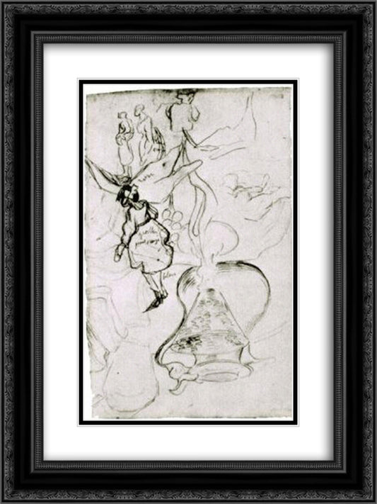 Can, Books, Wineglass, Bread and Arum Sketch of Two Women and a Girl 18x24 Black Ornate Wood Framed Art Print Poster with Double Matting by Van Gogh, Vincent