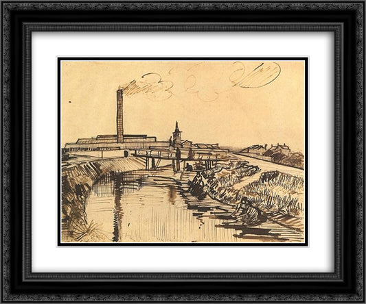 Canal with Bridge and Women Washing 24x20 Black Ornate Wood Framed Art Print Poster with Double Matting by Van Gogh, Vincent