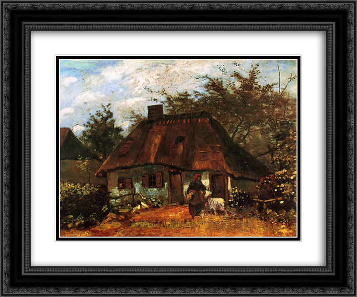 Cottage and Woman with Goat 24x20 Black Ornate Wood Framed Art Print Poster with Double Matting by Van Gogh, Vincent