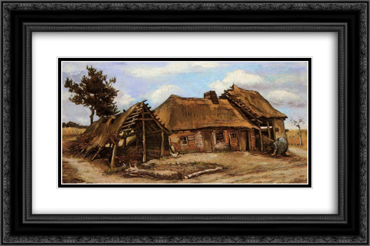 Cottage with Decrepit Barn and Stooping Woman 24x16 Black Ornate Wood Framed Art Print Poster with Double Matting by Van Gogh, Vincent