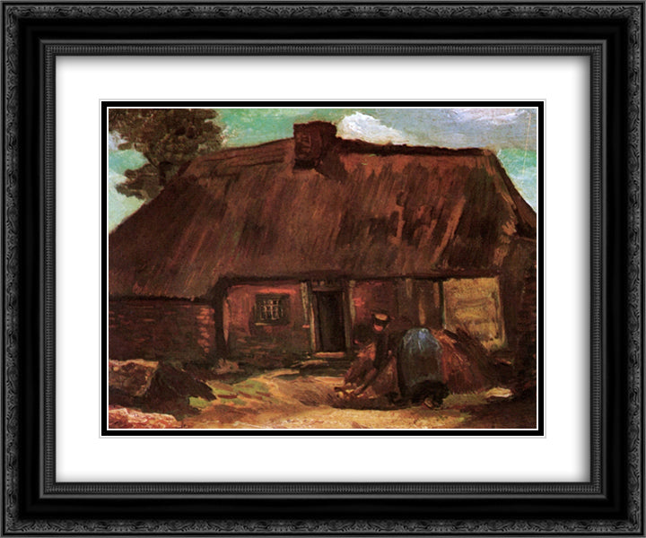 Cottage with Peasant Woman Digging 24x20 Black Ornate Wood Framed Art Print Poster with Double Matting by Van Gogh, Vincent