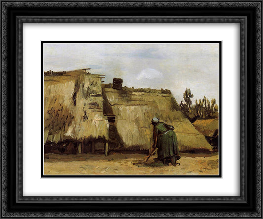 Cottage with Woman Digging 24x20 Black Ornate Wood Framed Art Print Poster with Double Matting by Van Gogh, Vincent