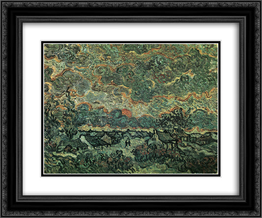 Cottages and Cypresses Reminiscence of the North 24x20 Black Ornate Wood Framed Art Print Poster with Double Matting by Van Gogh, Vincent