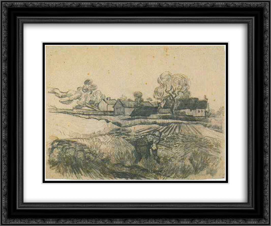 Cottages with a Woman Working in the Foreground 24x20 Black Ornate Wood Framed Art Print Poster with Double Matting by Van Gogh, Vincent