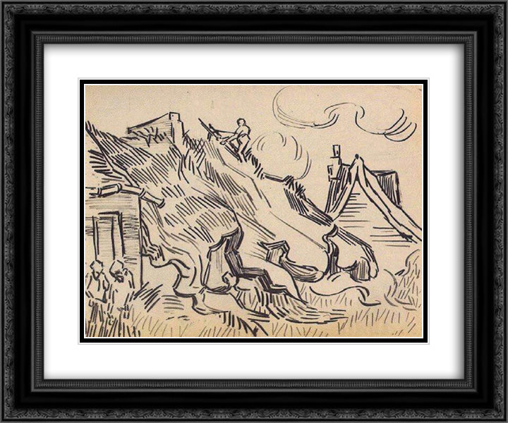 Cottages with Thatched Roofs and Figures 24x20 Black Ornate Wood Framed Art Print Poster with Double Matting by Van Gogh, Vincent