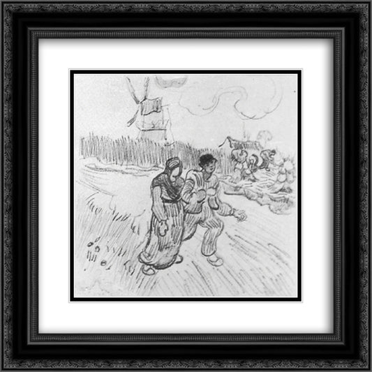 Couple Arm in Arm and Other Figures, with a Windmill in the Background 20x20 Black Ornate Wood Framed Art Print Poster with Double Matting by Van Gogh, Vincent