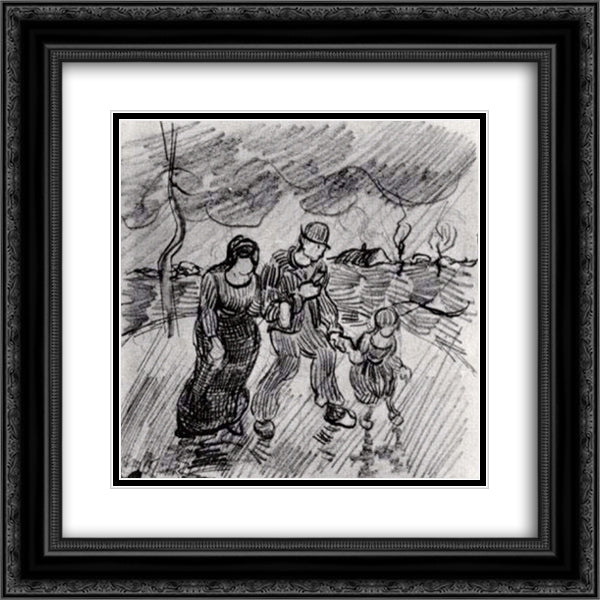 Couple Walking Arm in Arm with a Child in the Rain 20x20 Black Ornate Wood Framed Art Print Poster with Double Matting by Van Gogh, Vincent