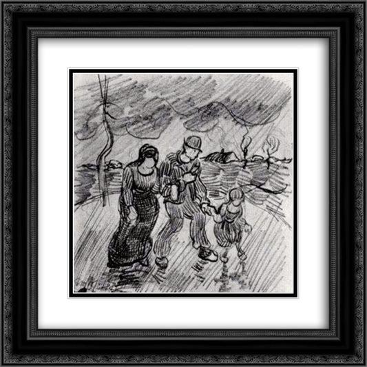 Couple Walking Arm in Arm with a Child in the Rain 20x20 Black Ornate Wood Framed Art Print Poster with Double Matting by Van Gogh, Vincent