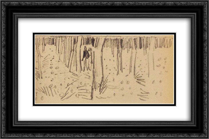 Couple Walking between Rows of Trees 24x16 Black Ornate Wood Framed Art Print Poster with Double Matting by Van Gogh, Vincent