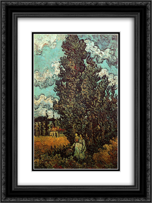 Cypresses and Two Women 18x24 Black Ornate Wood Framed Art Print Poster with Double Matting by Van Gogh, Vincent