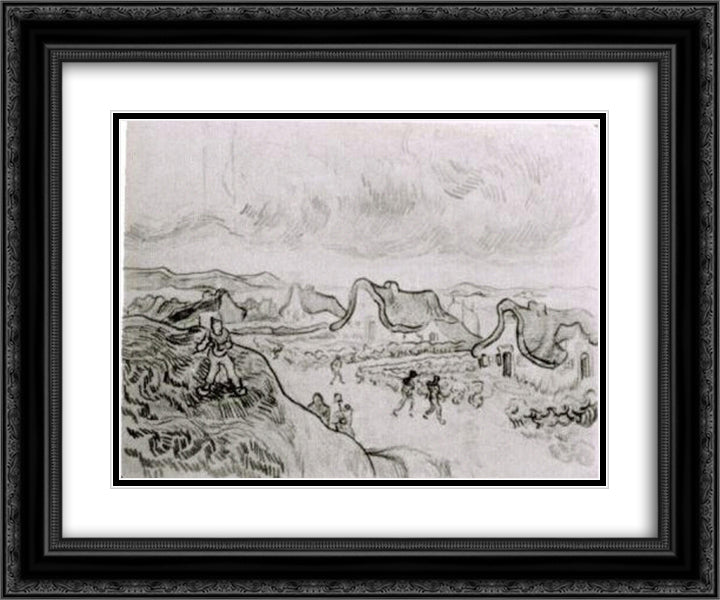 Diggers and Road with Cottages 24x20 Black Ornate Wood Framed Art Print Poster with Double Matting by Van Gogh, Vincent