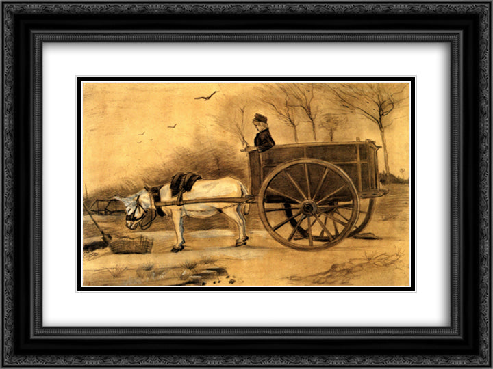 Donkey and Cart 24x18 Black Ornate Wood Framed Art Print Poster with Double Matting by Van Gogh, Vincent