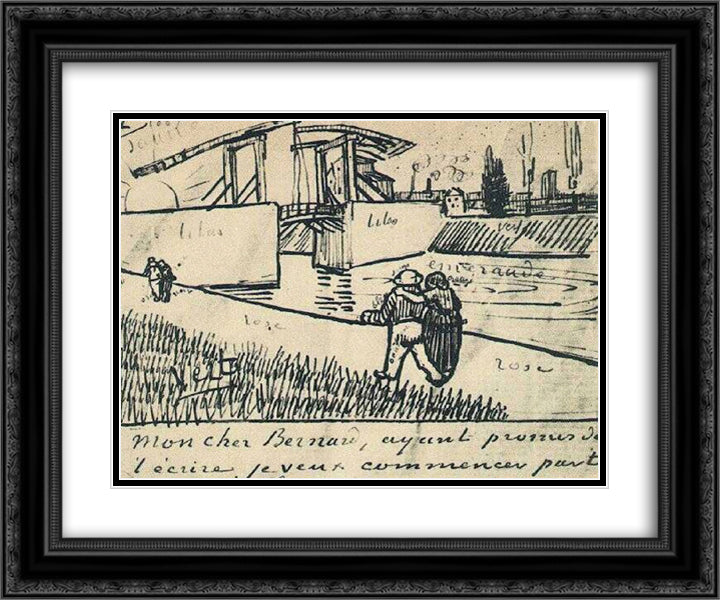 Drawbridge with Walking Couple 24x20 Black Ornate Wood Framed Art Print Poster with Double Matting by Van Gogh, Vincent