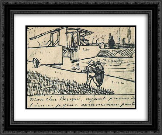 Drawbridge with Walking Couple 24x20 Black Ornate Wood Framed Art Print Poster with Double Matting by Van Gogh, Vincent