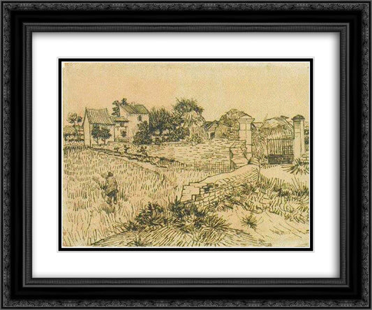 Entrance Gate to a Farm with Haystacks 24x20 Black Ornate Wood Framed Art Print Poster with Double Matting by Van Gogh, Vincent