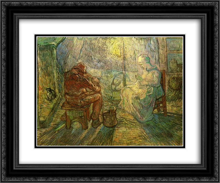 Evening - The Watch (after Millet) 24x20 Black Ornate Wood Framed Art Print Poster with Double Matting by Van Gogh, Vincent