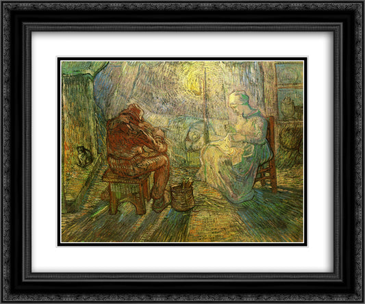 Evening - The Watch (after Millet) 24x20 Black Ornate Wood Framed Art Print Poster with Double Matting by Van Gogh, Vincent