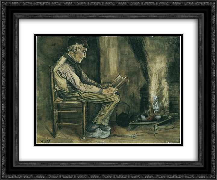 Farmer sitting at the fireside and reading 24x20 Black Ornate Wood Framed Art Print Poster with Double Matting by Van Gogh, Vincent