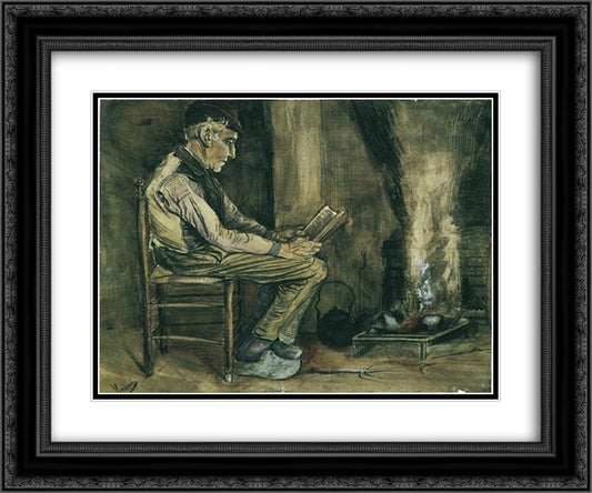 Farmer sitting at the fireside and reading 24x20 Black Ornate Wood Framed Art Print Poster with Double Matting by Van Gogh, Vincent