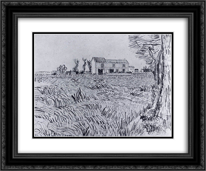 Farmhouse in a Wheat Field 24x20 Black Ornate Wood Framed Art Print Poster with Double Matting by Van Gogh, Vincent