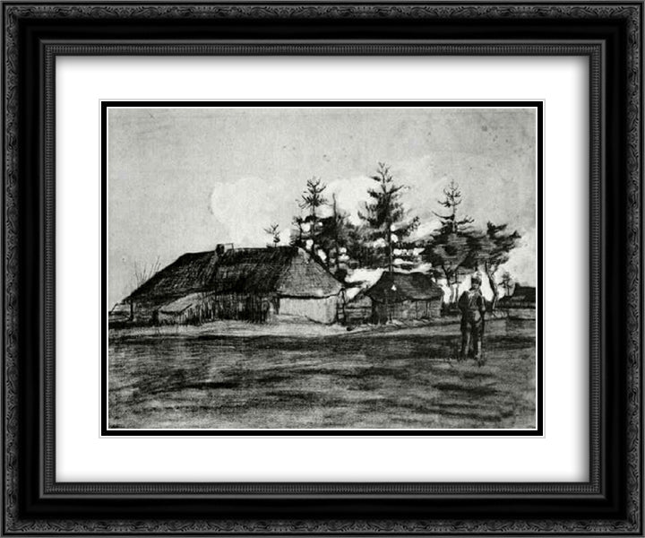 Farmhouse with Barn and Trees 24x20 Black Ornate Wood Framed Art Print Poster with Double Matting by Van Gogh, Vincent