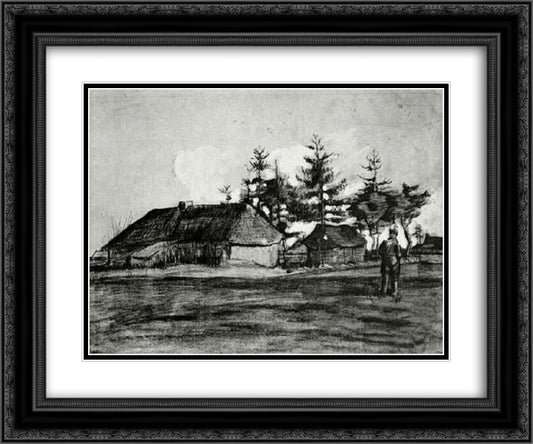 Farmhouse with Barn and Trees 24x20 Black Ornate Wood Framed Art Print Poster with Double Matting by Van Gogh, Vincent