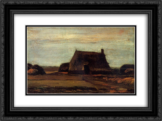 Farmhouse with Peat Stacks 24x18 Black Ornate Wood Framed Art Print Poster with Double Matting by Van Gogh, Vincent