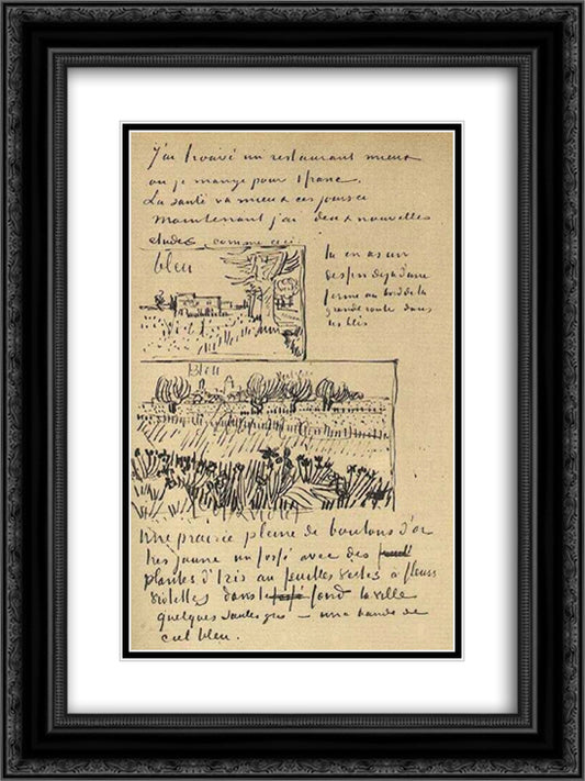 Farmhouse with Wheat Field along a Road and Field with Flowers 18x24 Black Ornate Wood Framed Art Print Poster with Double Matting by Van Gogh, Vincent